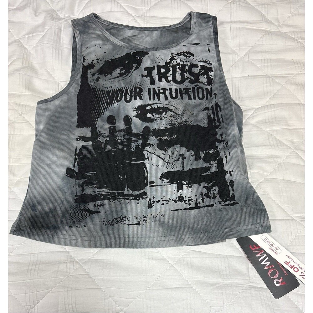 ROMWE Women XL Gray Tie Dye Graphic Tank Top Trust Your Intuition NWT Y2K